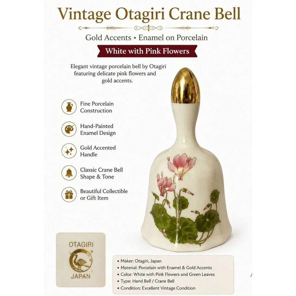 Vintage Otagiri Japan Cyclamen Floral Porcelain Bell Gold Trim Pink Flower